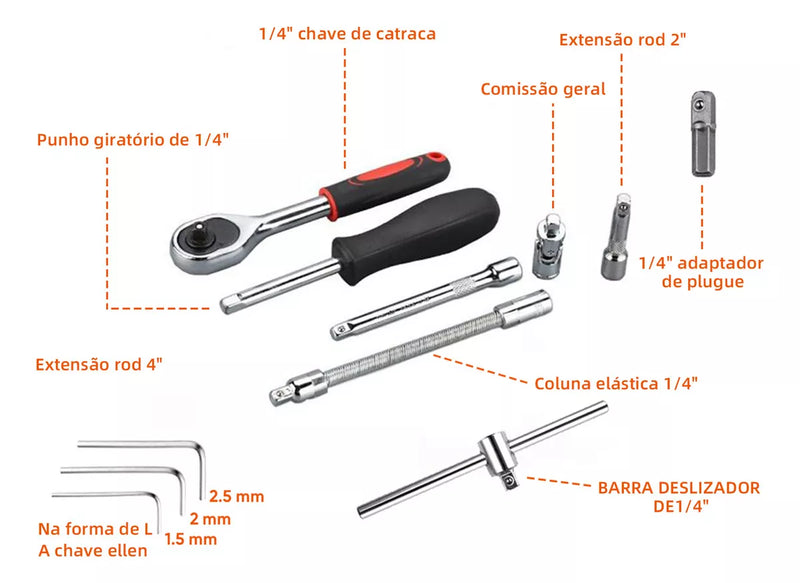 Kit Completo de Ferramentas com Chave de Soquete - 46 Peças, Alta Qualidade e Durabilidade